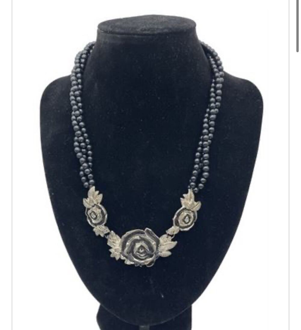 Vintage Black Beaded Multi Strand Necklace Silver Tone Rose Flower Pendant